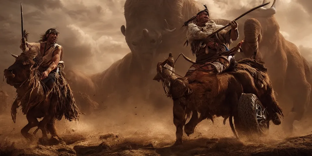 Image similar to an ancient tribesman driving an ancient motorcycle, hunting bisons ,attacking, chase, action scene, an epic fantasy, dramatic lighting, cinematic, establishing shot, extremely high detail, photorealistic, cinematic lighting, artstation, octane render, western,old photo, vintage