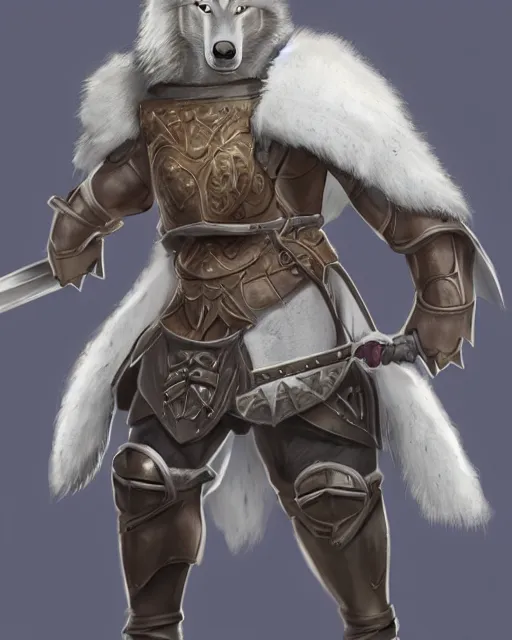 Prompt: 8ft tall, grey skinned, half-giant paladin male, clean shaven head, pupiless eyes, fur stuffed breastplate with no sleaves, breastplate is envraged with a symbol of a wolf, d&d character art