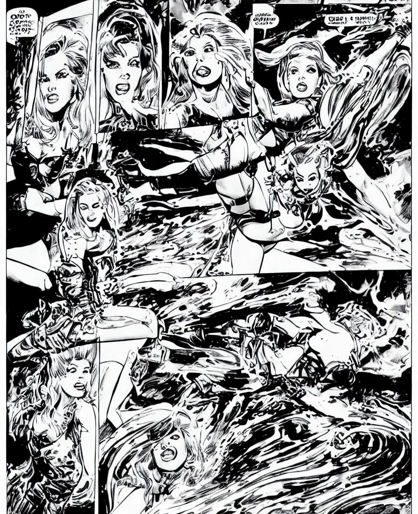 Prompt: comic page, one panel, kylie minogue as barbarella, piloting her starship. retro control panel. drawn by pablo marcos. b & w. black and white.