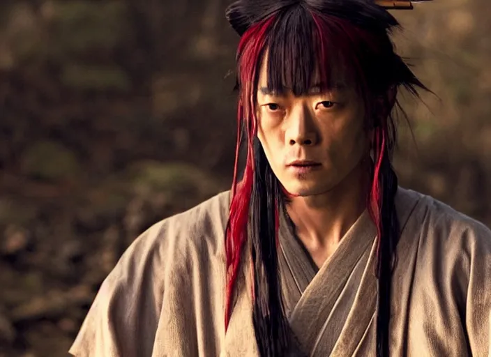 Image similar to movie still from Rurouni Kenshin, 2012, cinematic, Takeru Satoh, samurai half man half asian black bear, epic