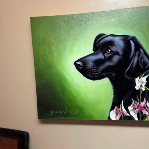 Image similar to oil painting of a black dog next to brugmansia suaveolens flowers, scary, realistic