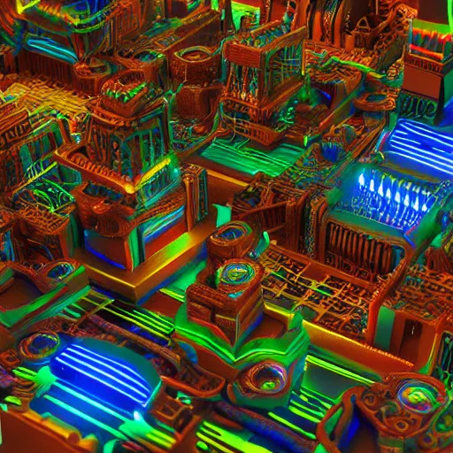 Image similar to a glossy claymodel of a steampunk aztec futuristic city, a city made of wires and multicolored glowing tubes, multicolored led screen, 8 k, front shot, symetrical, flourescent colors, halluzinogenic, multicolored, insanely detailed, 3 d render, octane