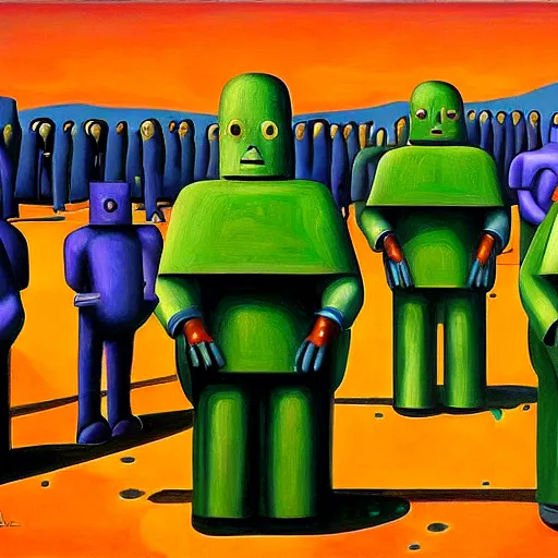 Image similar to robot bishop army, one robot a different color, grant wood, pj crook, edward hopper, oil on canvas