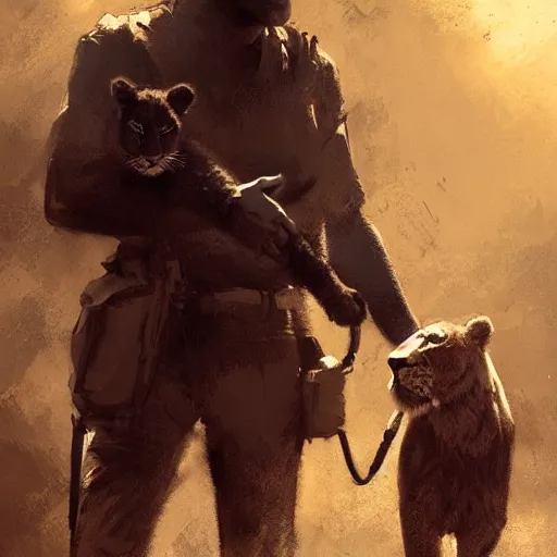 Image similar to An Black 1920's explorer holding a lion cub in his hands arwork by Craig Mullins, artstation trending, cinematic lighting