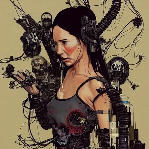 Image similar to olivia munn as a cyberpunk noir detective, skulls, wires cybernetic implants, machine noir grimcore, in the style of adrian ghenie esao andrews jenny saville surrealism dark art by james jean takato yamamoto and by ashley wood and mike mignola