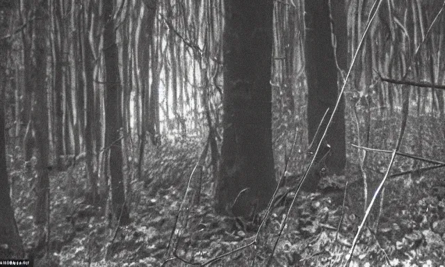 Image similar to hidden face looking at camera in forest at night, 70s photo, out of focus, motion blur, cctv footage, horror movie, horror lighting, blair witch project, old photo