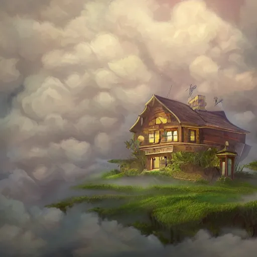 Image similar to A hyperdetailed digital oil painting of a house in the clouds,ladder,cartoon, Trending on ArtStation and DeviantArt