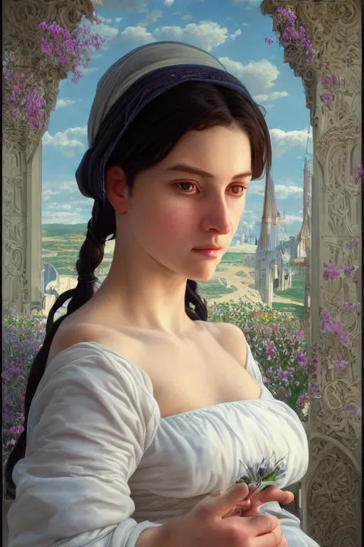 Image similar to beautiful portrait of a woman, similar to'the milkmaid ', beautiful woman, symmetry, perspective, portrait, anime!!, fantasy, ultra detailed, elegant, intricate, dynamic lighting, hyperrealism, digital art, digital painting, artstation, wlop, sharp focus, illustration, art by artgerm and greg rutkowski and alphonse mucha, 8 k