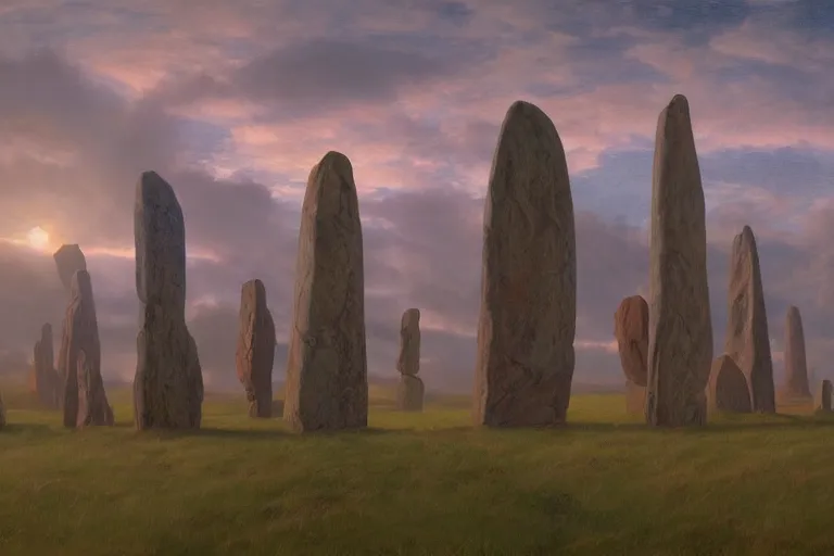 Image similar to circle of standing stones at dawn, dramatic cinematic lighting, rich colors, by William Dyce and ford madox brown and April Gornik and Caspar David Friedrich and Diego Rivera and Tyler Edlin, featured on artstation