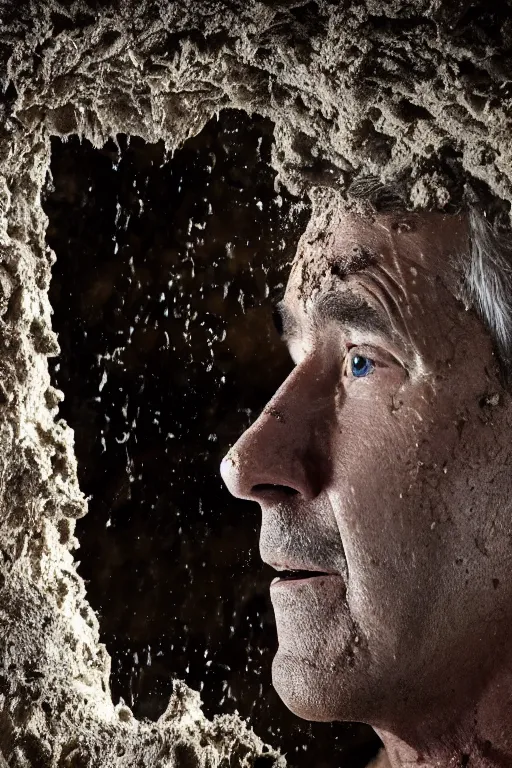 Image similar to cinematic still randy mantooth covered in mud emerging from inside a giant hole made of flesh, 4 k, dramatic lighting