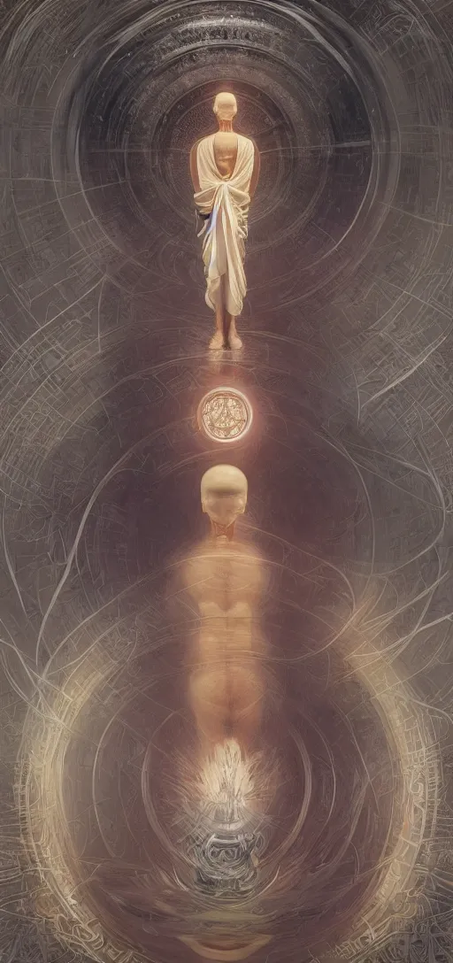 Image similar to ultra realistic illustration, a serene buddhist monk experiencing ego death, cyberpunk, sci-fi, fantasy, intricate, elegant, highly detailed, digital painting, artstation, concept art, smooth, sharp focus, illustration, art by artgerm and greg rutkowski and alphonse mucha, rene magritte, surrealism