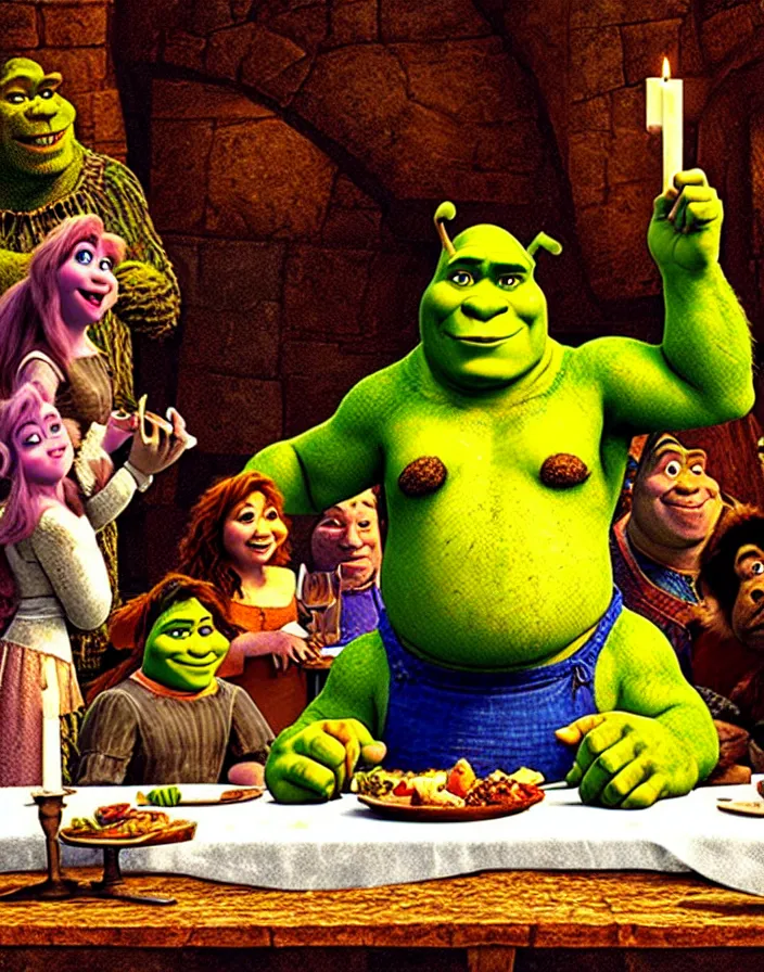 Prompt: shrek at the last supper table
