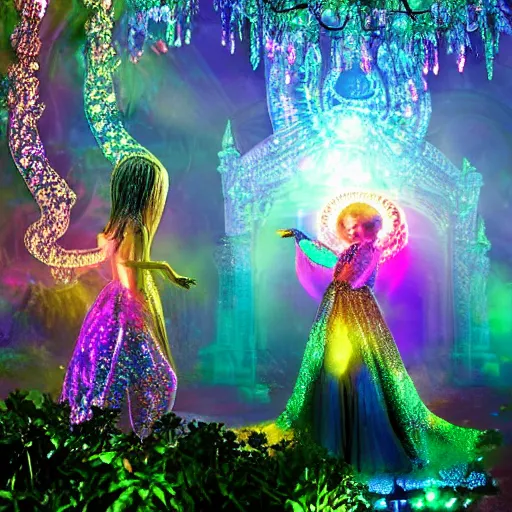 Image similar to crystal palace, magical, fantasy, glowy, light, prince and princess