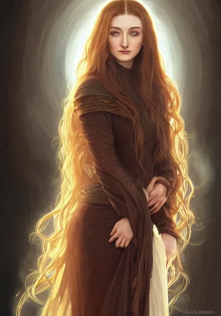 Image similar to portrait of sansa stark with long hair, intricate, elegant, highly detailed, digital painting, artstation, concept art, smooth, sharp focus, illustration, art by artgerm and greg rutkowski and alphonse mucha and william - adolphe bouguereau