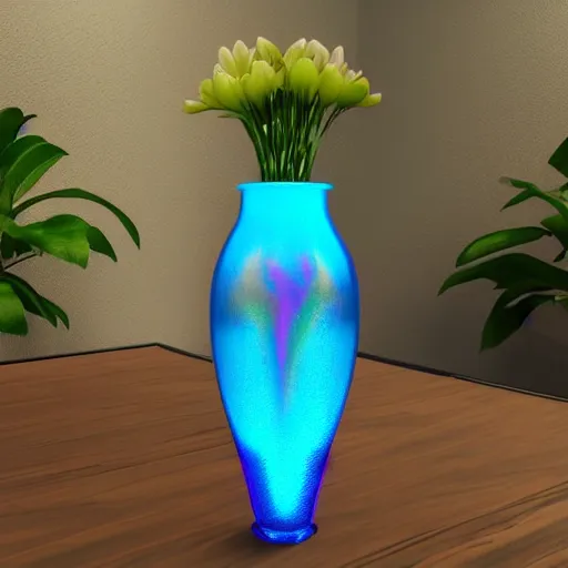 Prompt: an holographic ceramic vase with translucid glass parts, unreal engine 5, beautiful