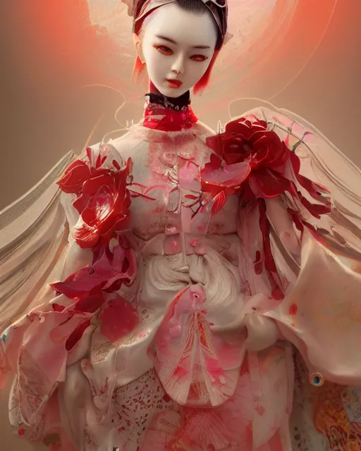 Image similar to detailed photo of pearl japanese doll, beautiful clothes, innocent, elegant red dress, 8 k, by tristan eaton, stanley artgermm, tom bagshaw, greg rutkowski, carne griffiths, trending on deviantart, hyper detailed, glorious lighting, epic environment