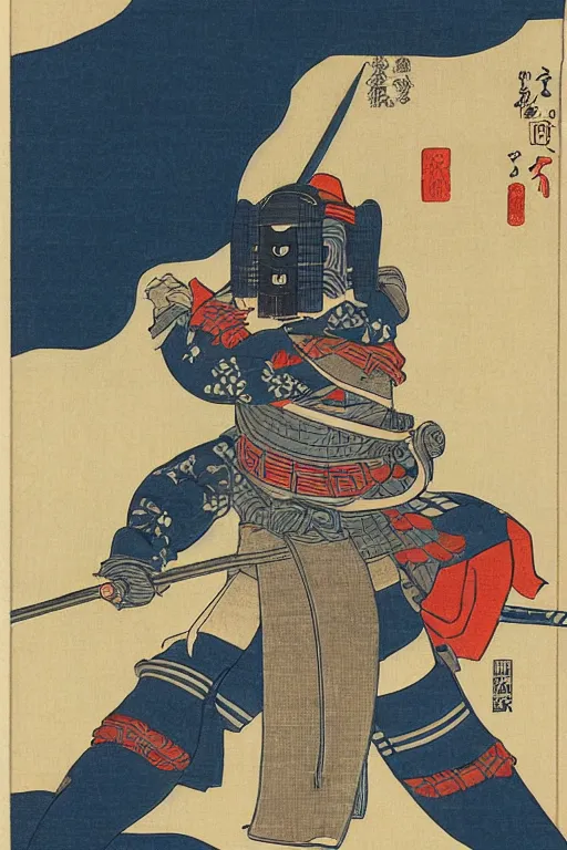 Image similar to Japanese woodblock print of r2d2 as a samurai , hokusai