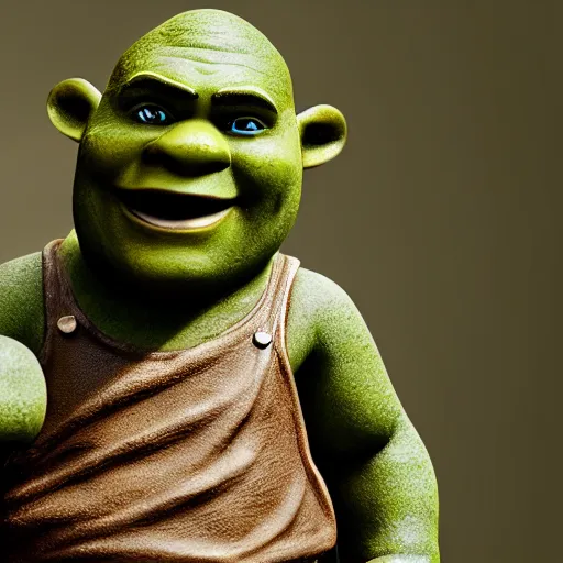 Image similar to bronze statuette of shrek, 4k, photograpgy, wide