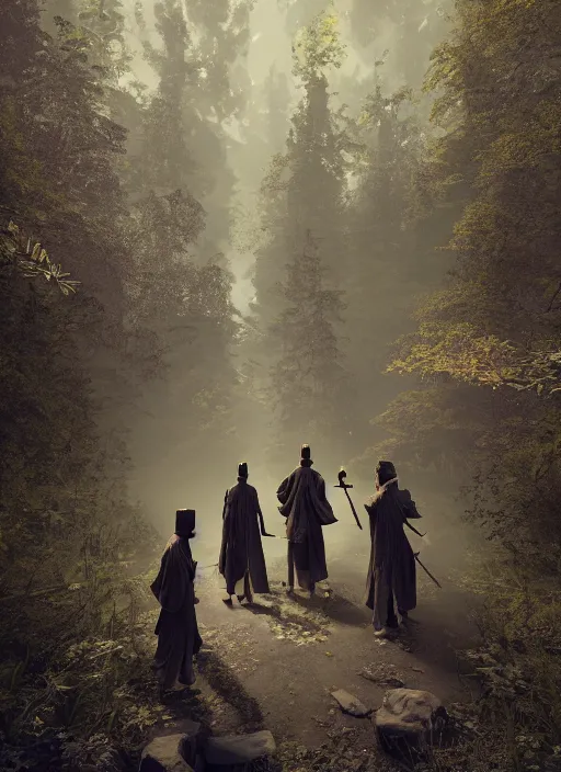 Image similar to Monk, Bard, Wizard and Cleric walking on a dark trail in forest, intricate artwork by Tooth Wu and wlop and beeple. octane render, hyper realism, 8k