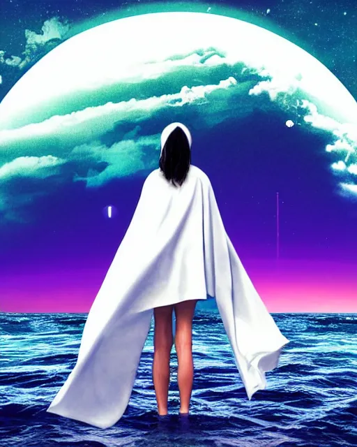 Image similar to a person wearing a white cloak that's blowing in the wind. they are standing in the water. a large planet with rings is visible in the sky. an album cover by stanley twardowicz, trending on cg society, retrofuturism, retrowave, chillwave, synthwave