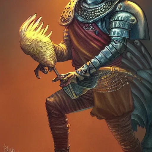 Image similar to tarot card, full body, rooster wearing medieval suit of armor, dark fantasy comic book, art style by kevin siembieda, artstation!