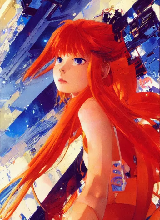 Prompt: Asuka Langley Soryu by John Berkey and Vincent Di Fate, rule of thirds, seductive look, beautiful, in intergalactic hq, ethereal lighting, smooth, masterpiece, Refined