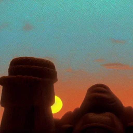 Prompt: still photo of a real sunset inside the first level of donkey kong country ( 1 9 9 4 ), in the movie hook, real life, photorealistic, soft focus, long exposure