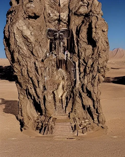 Prompt: strange cyberpunk pagan giant monument in the middle of the desert by dali and bosch and moebius