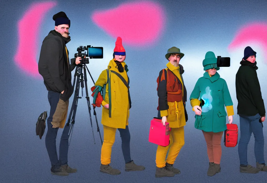 Prompt: full body portrait of a trio of european tourists cold climate travel apparel, with nikon cameras, various poses shooting photos, character designs painting, in the style of wes anderson, rene magritte, lola dupre, david hockney, isolated on white background, dark monochrome neon spraypaint accents volumetric octane render