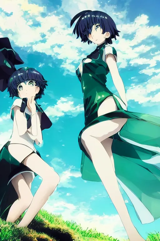 Prompt: 3D CG anime Land of the Lustrous Houseki no Kuni character Phosphophyllite person made of very shiny bluegreen gem rock with a very large bust size standing in a grassy field on a sunny day wearing a white business shirt with black tie and black shorts, huge mommy milkers, side profile, ocean shoreline can be seen on the horizon, beautiful composition, 3D render, 8k, key visual, god rays, aesthetic, made by Haruko Ichikawa, Makoto Shinkai, studio Ghibli