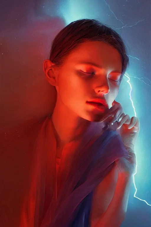 Image similar to 3 d, sci - fi, morning, sun rays, sleepy fashion model face, cinematic, lightning clouds, vogue cover style, stanley kubrick, light red and deep blue mood, realistic painting, intricate oil painting, high detail, figurative art, multiple exposure, poster art, 3 d, by tooth wu and wlop and beeple and greg rutkowski