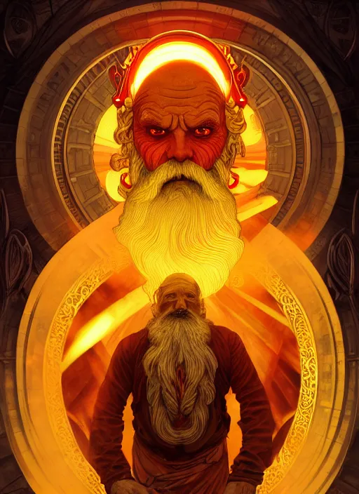 Image similar to the god hephaestus, old man, fiery hair, glowing eyes, volumetric lights, yellow and red scheme, art nouveau botanicals, gothic, intricate, highly detailed, digital painting, artstation, concept art, smooth, sharp focus, symmetric face, illustration, steampunk, art by artgerm and greg rutkowski and alphonse mucha