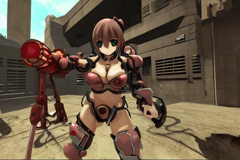 Image similar to an anime girl in a screenshot of the video game doom, the anime girl is crouching