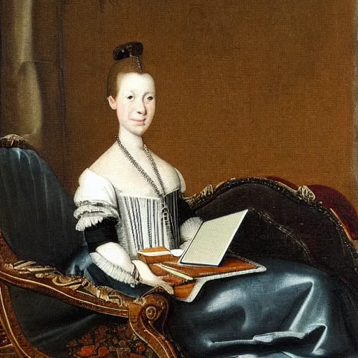 Prompt: 1600s oil painting of a Dutch aristocrat sitting on a couch in a fancy room using a laptop, 8k, highly intricate, highly detailed,