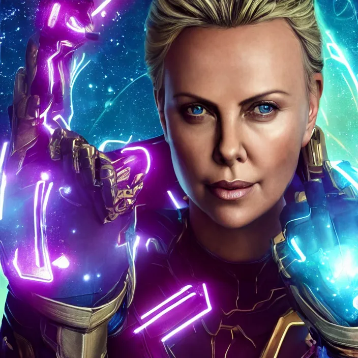Prompt: portrait of ((Charlize Theron)), wearing The Infinity Gauntlet. SNAP. intricate artwork. octane render, trending on artstation, very coherent symmetrical artwork. thanos. thanos. cinematic, hyper realism, high detail, octane render, 8k, iridescent accents