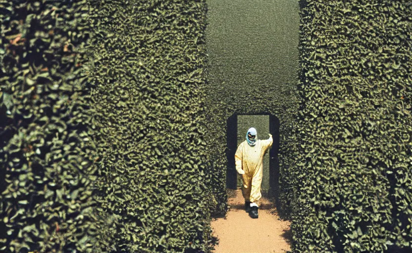 Image similar to cinestill 5 0 d photographic portrait by helen levitt of evil hazmat scientists walking through a brutalist hedge maze, extreme closeup, cinematic, modern cyberpunk, dust storm, 8 k, hd, high resolution, 3 5 mm, f / 3 2, tenet