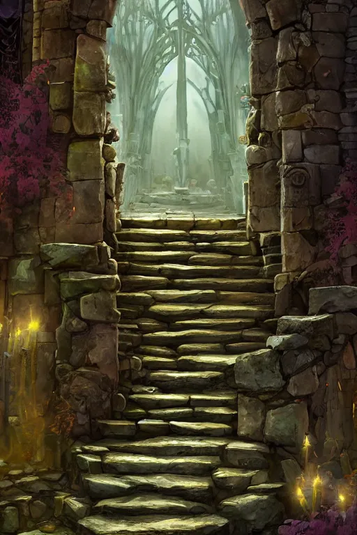 Image similar to stone steps fantasy leading do a gothic doorway opened, artstation by emilia dziubak, will terry, greg olsen, chris mars, ann long, and mark brooks, gret ritkowski dramatic, architecture, colorful clear sharp focus, warcraft architecture