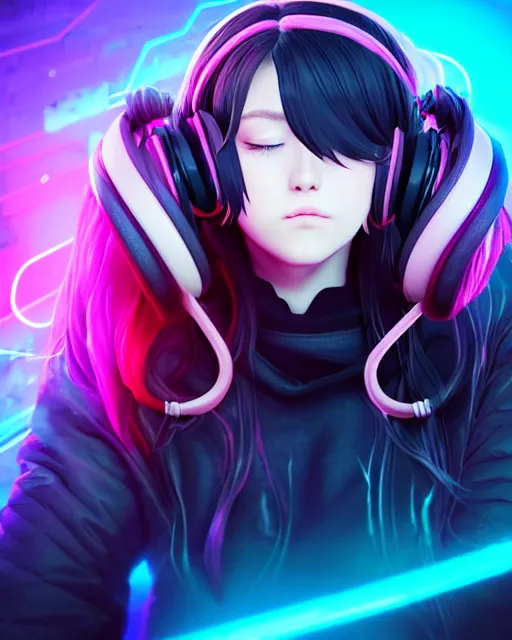 Prompt: beautiful portrait of a woman with pastel long hair with her eyes closed facing the camera centered with headphones on in the style of a code vein character, momo from twice in code vein in the style of WLOP, artgerm, yasutomo oka, rendered in unreal engine and redshift octane , background is surrounded by epic neon glitch effect digital art dynamic dramatic lighting, soft lighting, imagine fx, artstation, cgsociety, by Bandai Namco artist,