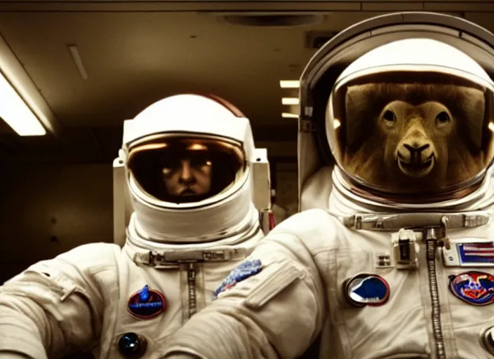 Prompt: film still of anthropomorphic anthropomorphic lama as astronaut in interstellar, 4 k