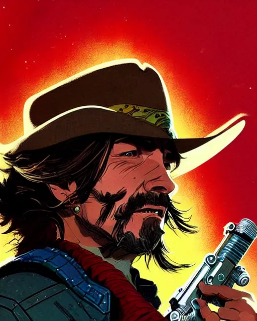 Image similar to mccree from overwatch, poncho blowing in the wind, space cowboy, character portrait, portrait, close up, concept art, intricate details, highly detailed, vintage sci - fi poster, retro future, vintage sci - fi art, in the style of chris foss, rodger dean, moebius, michael whelan, and gustave dore