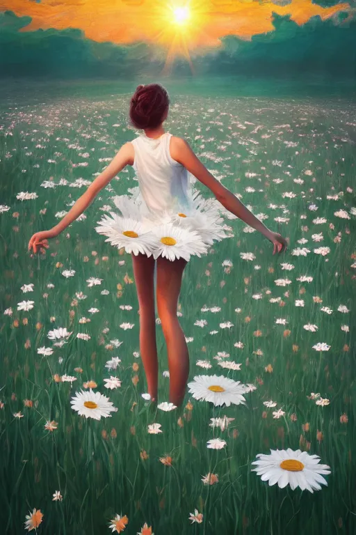 Image similar to giant white daisy flower as head, legs girl dancing in a flower field, surreal photography, sunrise, dramatic light, impressionist painting, colorful clouds, digital painting, artstation, simon stalenhag