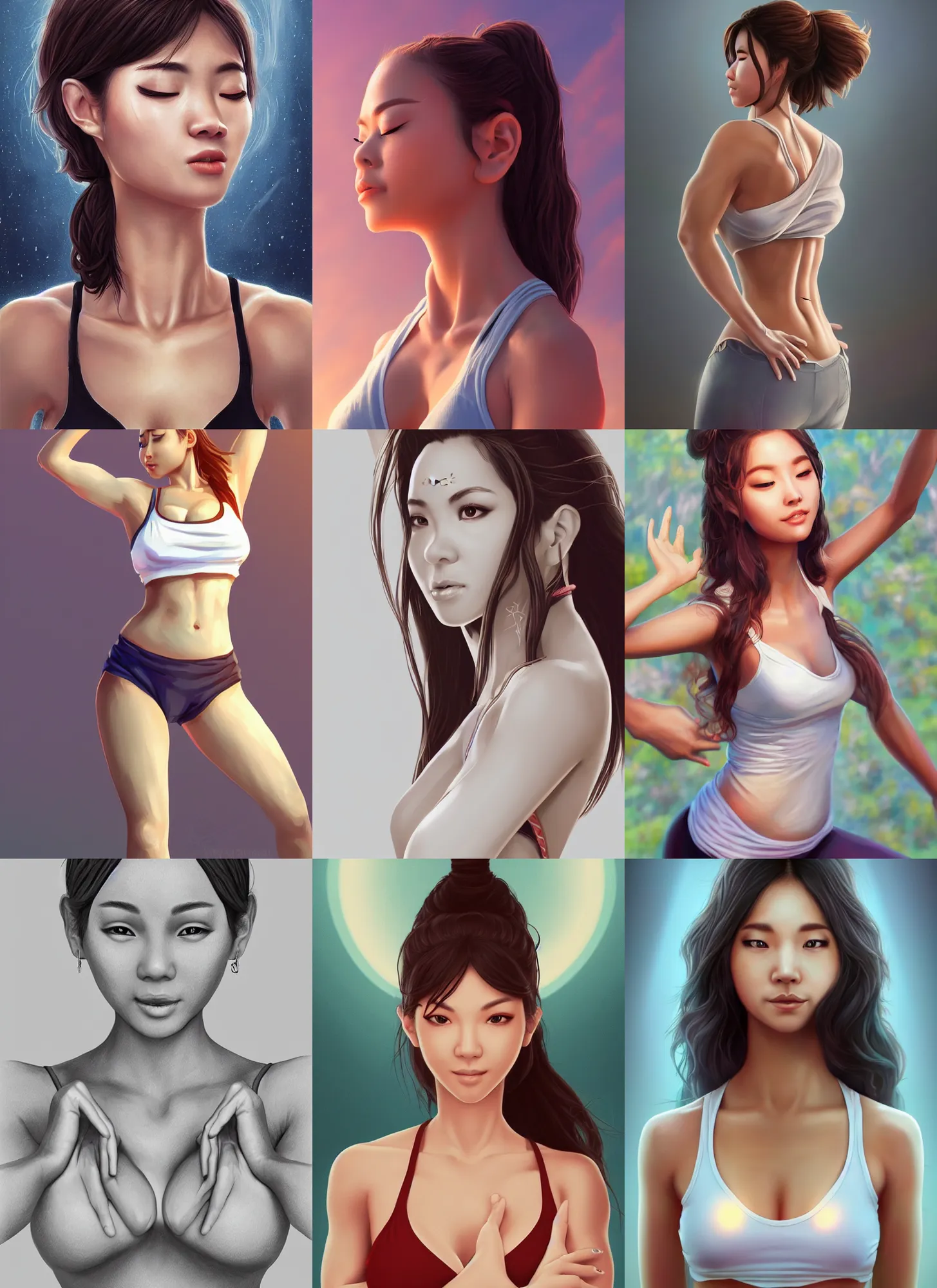 Prompt: very detailed full body portrait of yoga instructor, fantasy, beautiful, pretty face, white eyes, curvaceous, 4 k, sun yunjoo, cartoon style, aura of light, cinematic lighting, highly detailed, sharp focus, artstation, masterpiece, art by hyungjin yang