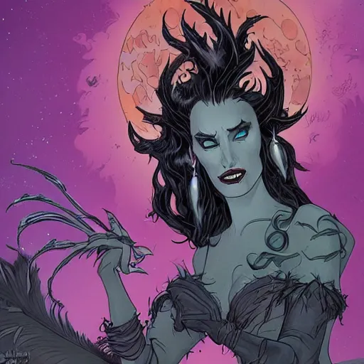 Image similar to Jennifer Connelly as dark fae gothic atompunk evil Disney villain queen with black feather hair, feathers growing out of skin, shedding feathers, in front of space station window, Mike mignola, trending on artstation, comic book cover, illustration