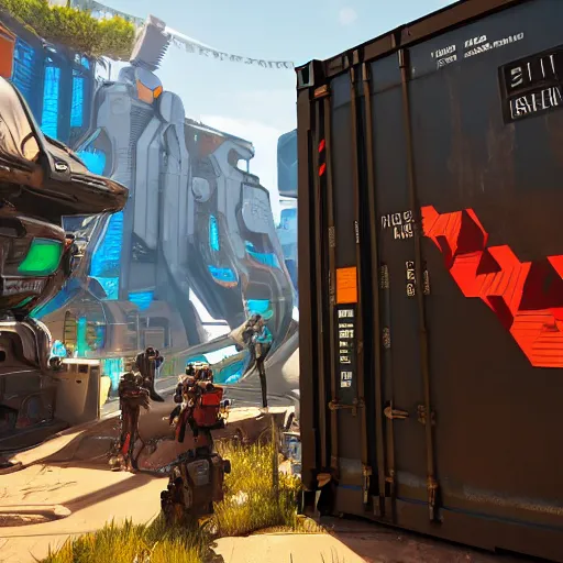 Prompt: sci fi container from apex legends in a pleasant urban setting surrounded by families, art station, ultra hd, soft light, overhead sun, ultra hd, art station