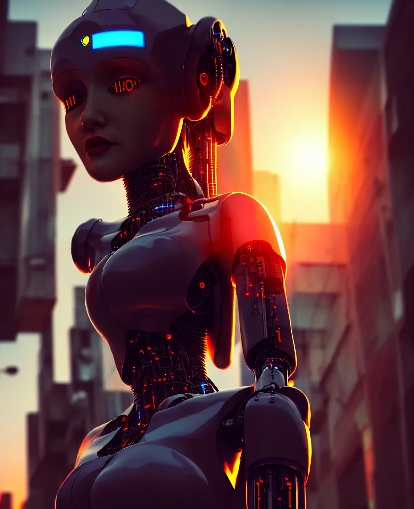 Image similar to a photo close up cyberpunk half robot half girl stands in a cyberpunk hiroshima, prefecture streets, sunset, photorealistic, cinematic lighting, very detailed, style by tomino - sama