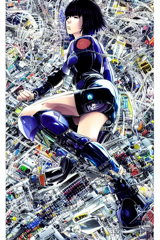 Prompt: ultra coherent motoko kusanagi kneeling on a white in style of masamune shirow, empty floor, with a mess of wires and cables coming out of her head and backside, by Yukito Kishiro and katsuhiro otomo, illustration, cyberpunk, hyper-detailed, colorful, complex, intricate, masterpiece, epic