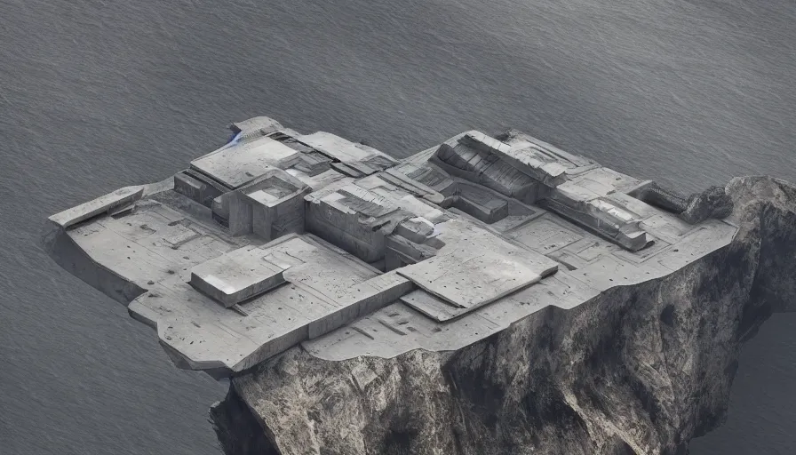Prompt: big brutalist imperial military base on cliffs, drawing architecture, island, very long shot, top angle, pritzker architecture prize, brutalism, jan urschel