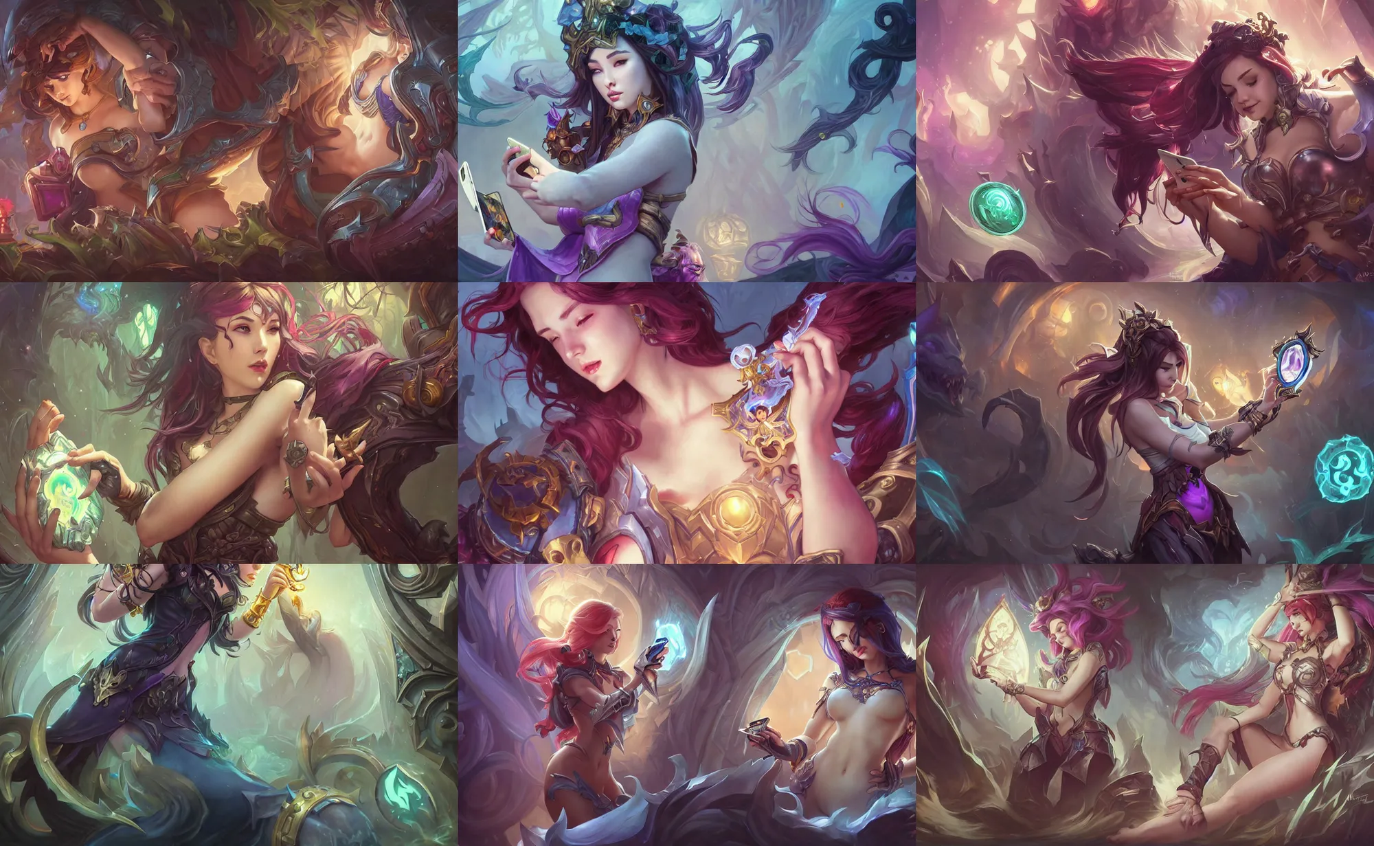 Prompt: woman checking her phone, fantasy, whimsical, horror, league of legends splash art, heroes of the storm splash art, hearthstone splash art, world of warcraft splash art, overwatch splash art, art by artgerm, art by alphonse mucha, intricately detailed, highly detailed, trending on artstation, 4 k, wallpaper