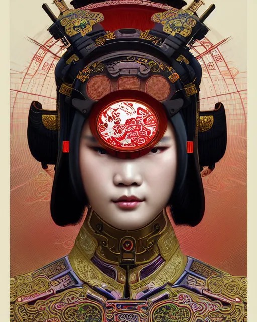 Image similar to portrait of a chinese cyberpunk machine, machine face, upper half portrait, decorated with chinese opera motifs, regal, asian, fine china, wuxia, traditional chinese art intricate intense elegant 京 剧 highly detailed digital painting artstation concept art smooth sharp focus illustration, art by artgerm and greg rutkowski alphonse mucha 8 k