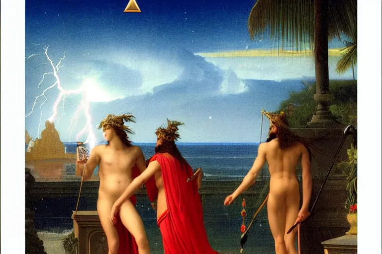 Prompt: Occult statues on front of balustrade and palace columns, refracted lightnings on the ocean, thunderstorm, tarot cards characters, beach and Tropical vegetation on the background major arcana sky and occult symbols, by paul delaroche, hyperrealistic 4k uhd, award-winning, very detailed paradise